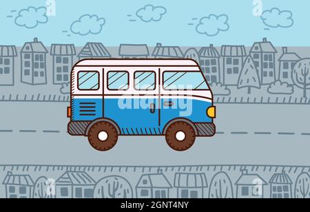 Minibus dans la ville. Fourgonnette de voyage rétro Illustration de Vecteur