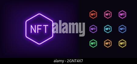 Icône NFT du contour du néon. Panneau nft au néon lumineux, pictogramme de jeton non fongible aux couleurs vives. Crypto art, oeuvre de cryptographie virtuelle, collection digi Illustration de Vecteur