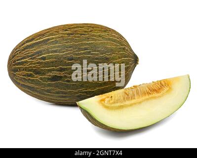 PiEL de sapo melon, melon de noël et une tranche sur fond blanc Banque D'Images