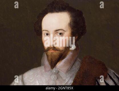 WALTER RALEIGH (c 1552-1618) homme d'État, soldat et explorateur anglais dans un portrait de 1588 Banque D'Images