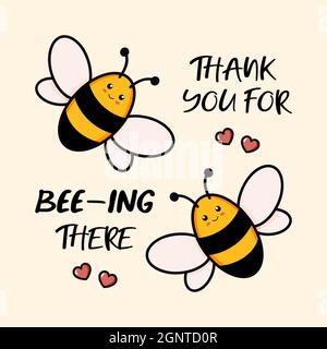 Carte de voeux à motif abeille mignonne. Illustration vectorielle tendance de carte postale dessinée à la main avec texte. Un style de dessin animé avec une phrase vous remercie d'être là. Conception plate isolée sur fond jaune Illustration de Vecteur