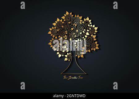 Le modèle de logo d'or de l'arbre de Bodhi, concept de l'arbre de vie, Fig Sacré avec des feuilles en forme de coeur, jour de Vesak, silhouette de luxe dorée, isolat de vecteur d'icône Illustration de Vecteur