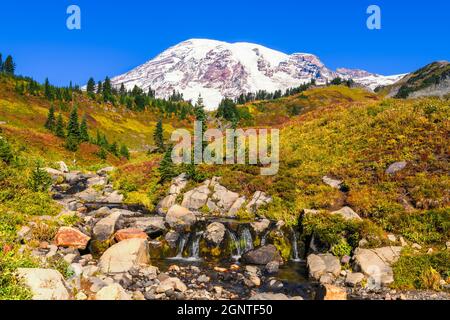 Le ruisseau Edith, dans le parc national du Mont Rainier, coule devant le pic volcanique, tandis que les couleurs d'automne couvrent la colline Banque D'Images