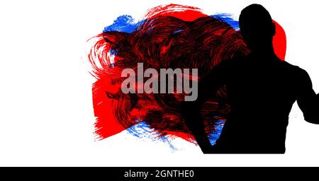 Silhouette de la joueuse de handball féminine contre les coups de pinceau bleus, rouges et noirs Banque D'Images