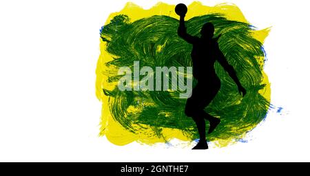 Silhouette de la joueuse de handball féminine contre les coups de pinceau jaune, bleu et vert Banque D'Images