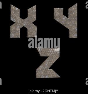 Rendu 3D de l'alphabet de la plaque métallique en étoile - lettres X-Z. Banque D'Images