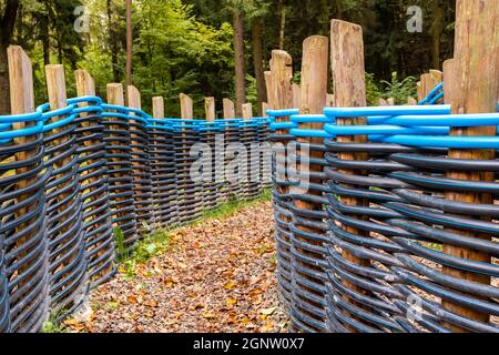 Chemin d'automne avec feuilles tombées entre une clôture faite de tuyaux en plastique tordus en noir et bleu tressé entre les poteaux en bois. Utilisation alternative de tuyaux de plomberie en polypropylène dans la conception de paysage. Banque D'Images