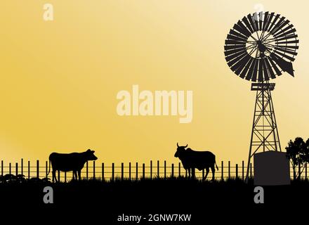 moulin à vent de style ancien avec clôture de silhouette de deux vaches et fond jaune Illustration de Vecteur