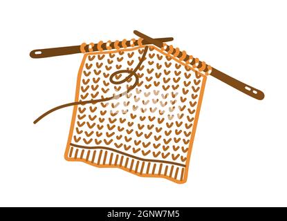 Aiguilles à tricoter avec un tissu de laine isolé sur un fond blanc. Un type de passe-temps, de loisirs ou d'artisanat. Illustration vectorielle dessinée à la main, style doodle. Parfait pour les cartes, les motifs d'automne, les décorations. Illustration de Vecteur