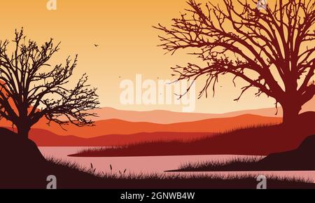 Vue imprenable sur la montagne avec silhouettes d'arbres secs au crépuscule depuis le lac. Illustration vectorielle d'une ville Illustration de Vecteur