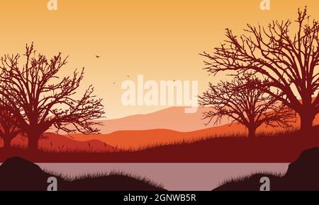 Panorama sur les montagnes avec de fantastiques silhouettes d'arbres secs depuis les berges au crépuscule. Illustration vectorielle d'une ville Illustration de Vecteur