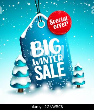 Motif vecteur étiquette en hiver. Texte de l'offre spéciale pour les grandes ventes d'hiver dans l'élément d'étiquette de réduction sur fond de neige pour la promotion des achats saisonniers. Illustration de Vecteur
