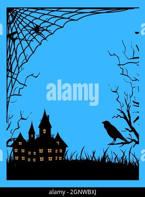 Illustration de nuit d'horreur, âme sombre, halloween, maison d'horreur, zombie,squelette, attaque de nuit, lune, loup, sur fond bleu commercial, illustration vectorielle Banque D'Images