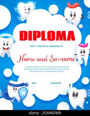 Caricature Happy tooth personnages, soins dentaires service enfants vertical diplôme. Diplôme de vecteur de dentiste ou de clinique dentaire pour enfants, certificat de réalisation pour enfants avec dents saines souriantes pour garçons et filles Illustration de Vecteur