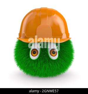 monstre à fourrure verte en casque orange sur fond blanc. Illustration 3d isolée Banque D'Images