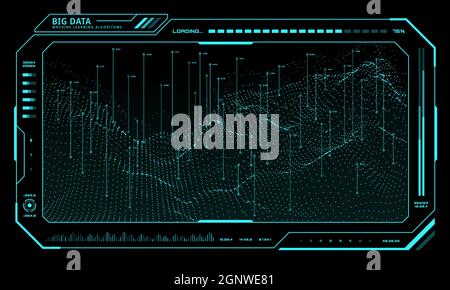 Réseau de technologie Big Data, interface utilisateur HUD futuriste sur affichage numérique, Vector. Arrière-plan de l'interface du moniteur d'écran. Analyse Big Data et courbes graphiques de l'infographie HUD et graphique du diagramme analytique Illustration de Vecteur