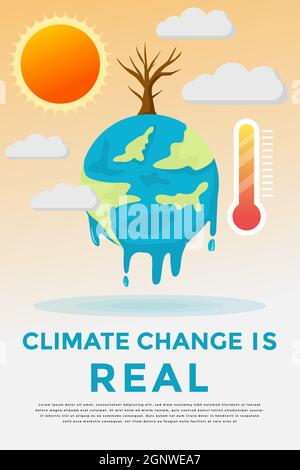 illustration vectorielle de bannière d'affiche verticale sur le changement climatique. terre fondue avec soleil, arbre mort, nuage foncé et thermomètre météorologique Illustration de Vecteur