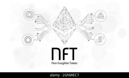 Infographies de jetons non fongibles NFT avec pistes pcb et différents jetons sur fond blanc. Payez pour des objets de collection uniques dans les jeux ou art. Vector Ill Illustration de Vecteur