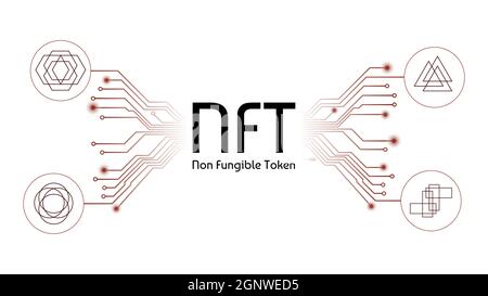 Infographies de jetons non fongibles NFT avec différents jetons et pistes pcb isolées sur blanc. Payez pour des collectibles uniques dans les jeux ou art. Vector illus Illustration de Vecteur