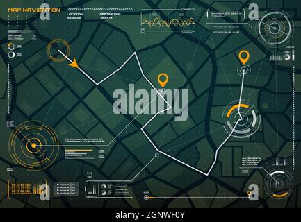 Interface d'écran de navigation HUD ou carte de ville avec boussole, graphiques et points de carte, vecteur. Carte routière HUD ou carte de la ville avec broches de localisation par satellite et direction de l'itinéraire de circulation, application intelligente Illustration de Vecteur