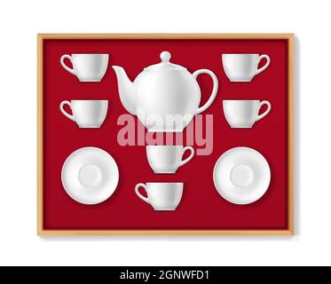 Ensemble de thé en céramique réaliste, tasses à thé, pot, mugs et porcellains. Théière, tasses et soucoupes de vaisselle de couleur blanche Vector 3d pour boissons chaudes dans une boîte en bois avec revêtement en velours rouge vue de dessus Illustration de Vecteur