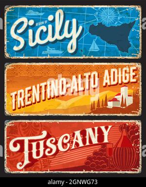 Sicile, Trentin-Haut-Adige, Toscane régions italiennes plaques d'époque. Italie voyage destination vecteur bannières anciennes avec carte de la mer, bâtiments à la montagne et raisins vin. Ensemble de plaques ou de panneaux de signalisation grunge Illustration de Vecteur