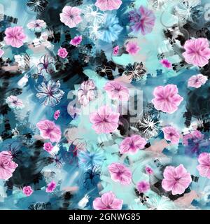 Motif fleuri sans coutures. Cinq fleurs pétale d'été comme le periwinkle rosé ou pétunia dessinées à la main avec des milieux mixtes. Rose, bleu, violet, contour des fleurs o Banque D'Images