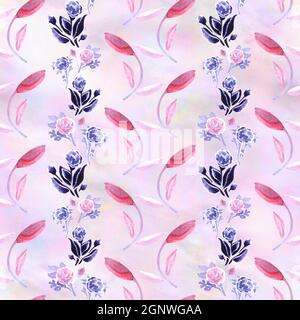 Motif fleuri sans couture. Décoration faite de fantaisie stylisée décorative peinte à la main aquarelle fleurs abstraites, bourgeons, feuilles et tiges sur l texturé Banque D'Images