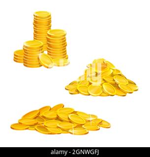 Caricature de pièces de monnaie en or pile et piles, icônes d'argent en or vectoriel. Monnaie de pièces d'or, piles d'or brillant et tas de pièces isolées sur blanc pour le revenu et l'investissement ou la richesse de l'argent Illustration de Vecteur