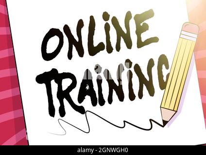 Formation en ligne sur la signalétique manuscrite. Mot écrit sur prendre le programme d'éducation de l'électronique moyens crayon dessin sur le dessus de la feuille de papier Banque D'Images