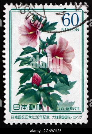 JAPON - VERS 1985 : un timbre imprimé au Japon montre Rose de Sharon, Hibiscus Syriacus, Floraison Schrub, vers 1985 Banque D'Images