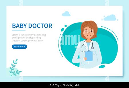 Page d'accueil ou bannière avec médecin femme. Médecin bébé. Médecin dans la bulle bleue Illustration de Vecteur