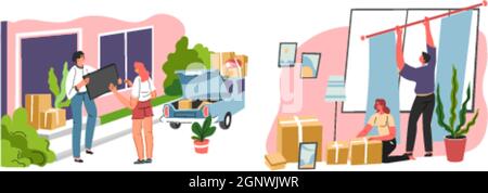 Couple de déplacer des meubles et de placer à la nouvelle maison Illustration de Vecteur