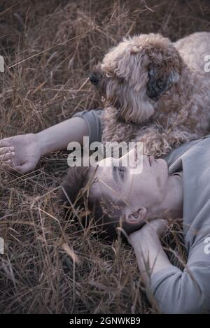 Portrait d'un jeune homme de 18 ans, allongé avec un chien, doux-enduit Wheaten Terrier, dans l'herbe sèche, dans les rayons du soleil couchant. Banque D'Images