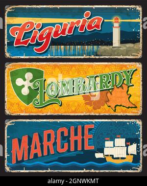 Ligurie, Lombardie, Marche régions italiennes plaques et autocollants vintage. Italie voyage destination vecteur plaques, bannières âgées avec carte, raisin et bouclier, balise maritime, voilier. Ensemble de panneaux de signalisation grunge Illustration de Vecteur