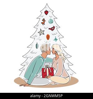 Illustration de Noël avec dessin à la main.Un couple se donne les autres cadeaux à l'arbre de Noël.Homme et femme amoureux.Illustration vectorielle de stock isolée Illustration de Vecteur