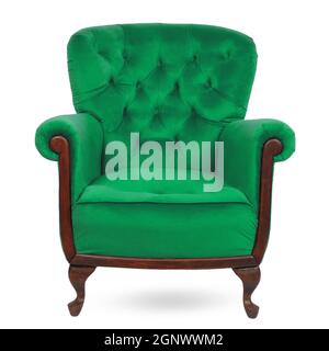 Élégant fauteuil classique vert velours avec coussin isolé sur blanc. Banque D'Images