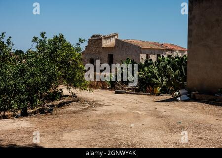 vieux bâtiments abandonnés sur la plantation d'orange espagnole Banque D'Images