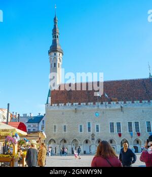 TALLINN, ESTONIE - 14 JUILLET 2019 : les gens prennent une photo de la scène devant la salle Tallin de la vieille ville de Tallin Banque D'Images