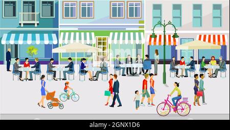 vivez dans la ville avec des cafés et des restaurants Illustration de Vecteur