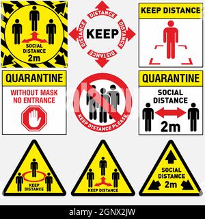 Ensemble simple de signes social distance. Marquage au sol pour les distances sociales, panneau maintenez une distance de sécurité. Les figurines humaines se tiennent debout en gardant la distance l'une de l'autre. Illustration de Vecteur