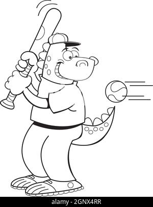Illustration en noir et blanc d'un dinosaure qui frappe un baseball. Illustration de Vecteur
