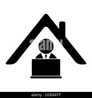 Icône travail à partir de la maison. Symbole bureau à domicile avec homme d'affaires et ordinateur portable. Travail à distance en raison de la distanciation sociale pendant la pandémie du virus corona. Conception noire isolée sur fond blanc. Illustration de Vecteur