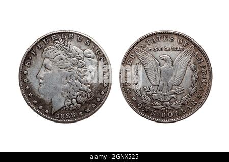 USA One Dollar Morgan Silver coin réplique datée de 1880 avec une image portrait de la liberté sur l'arrière et un aigle sur la coupe inversée et iso Banque D'Images