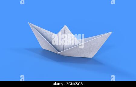 rendu 3d d'un bateau en papier blanc sur une surface bleu pâle Banque D'Images