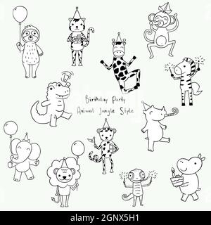 Animaux de la jungle et safari mignons. Personnages d'anniversaire dessinés à la main. Personnages du zoo de dessins animés. Ballon, gâteau et cadeaux. Noir et blanc. Banque D'Images