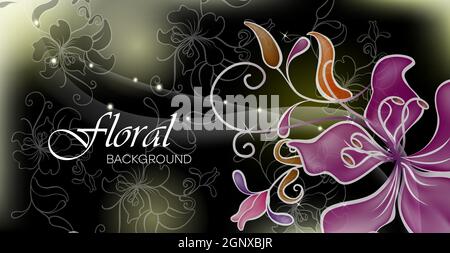 Arrière-plan fleuri dégradé avec motifs et lignes dynamiques. Motif botanique romantique de fleurs. Modèle graphique vectoriel d'illustration en couleur pour cartes, affiches, cahiers d'exercices. Illustration de Vecteur