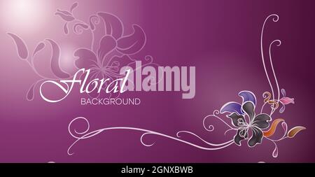 Arrière-plan fleuri dégradé avec motifs et lignes dynamiques. Motif botanique romantique de fleurs. Modèle graphique vectoriel d'illustration en couleur pour cartes, affiches, cahiers d'exercices. Illustration de Vecteur