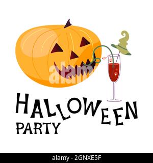 Affiche de fête d'Halloween. Lettering, Pumpkin rit de manière inquiétante et boit un cocktail sanglant isolé sur fond blanc. Illustration de vecteur d'art plat Illustration de Vecteur