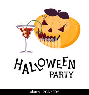 Affiche de fête d'Halloween. Lettering, Pumpkin rit de manière inquiétante et boit un cocktail sanglant isolé sur fond blanc. Illustration de vecteur d'art plat Illustration de Vecteur